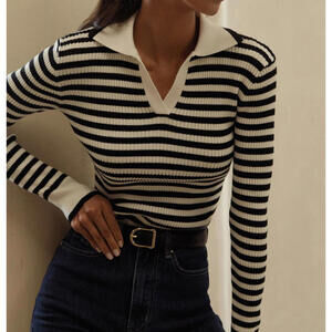 Scotch & Soda Women's Rib Striped Long Sleeve Knit Polo Top Size M Black and Tan